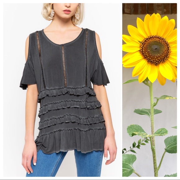 Charcoal Boho Burnout Cold Shoulder Ruffle Top - Picture 3 of 9